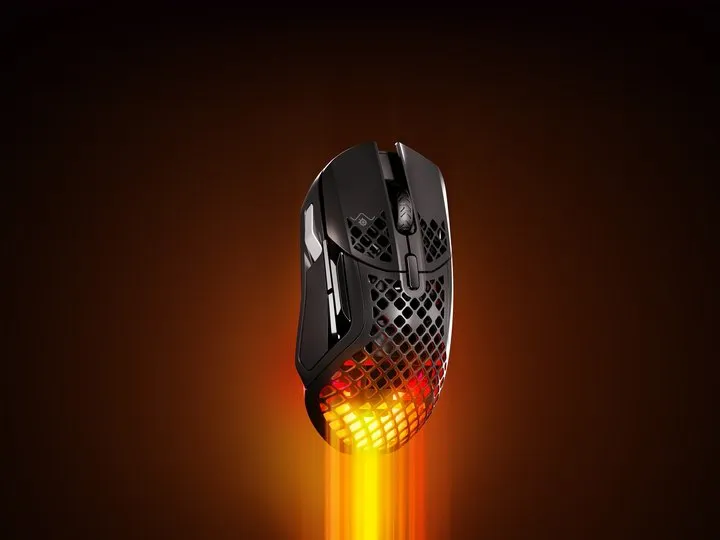 An Aerox 5 Wireless mouse with light beaming from the body.